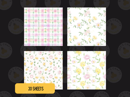 four square patterns with different floral designs, including a plaid pattern, a white background with pink and green flowers, a white background with yellow flowers, and a white background with pink and green flowers.