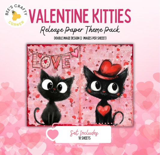 The image is a Valentine's Day-themed release paper theme pack featuring two cute black cats with hearts on their chests, one wearing a red hat.