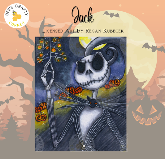The image is a Halloween-themed illustration featuring a skeleton figure holding a jack-o-lantern, surrounded by bats and a full moon.