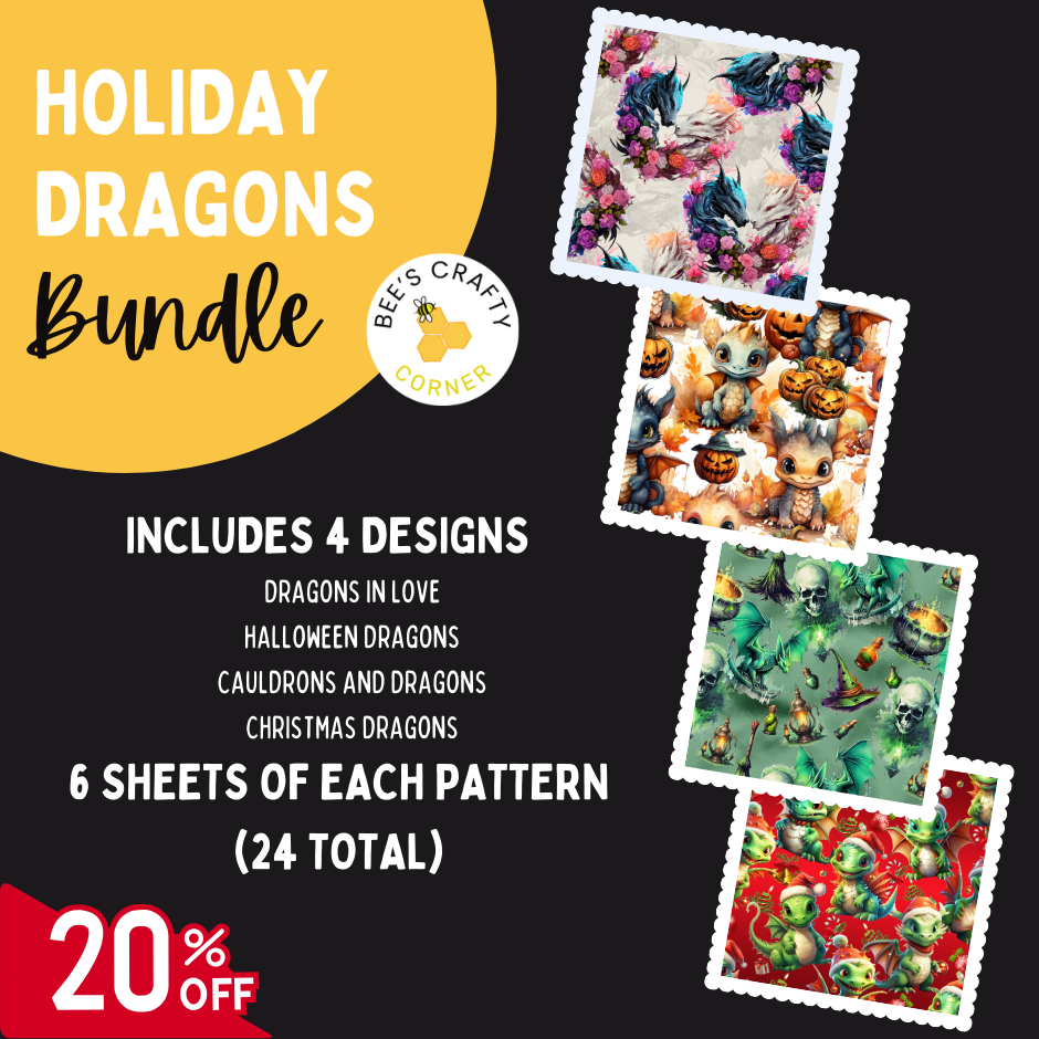 The image is an advertisement for a holiday dragon bundle, which includes four designs of dragons in love, Halloween dragons, cauldrons, and dragons, as well as Christmas dragons. The bundle includes six sheets of each pattern, and there is a 20% discount.