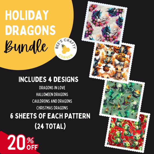 The image is an advertisement for a holiday dragon bundle, which includes four designs of dragons in love, Halloween dragons, cauldrons, and dragons, as well as Christmas dragons. The bundle includes six sheets of each pattern, and there is a 20% discount.