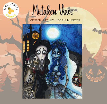 The image is a Halloween-themed illustration featuring a bride and groom with spooky, gothic elements such as skulls, bats, and a full moon.