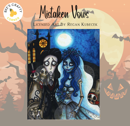 The image is a Halloween-themed illustration featuring a bride and groom with spooky, gothic elements such as skulls, bats, and a full moon.