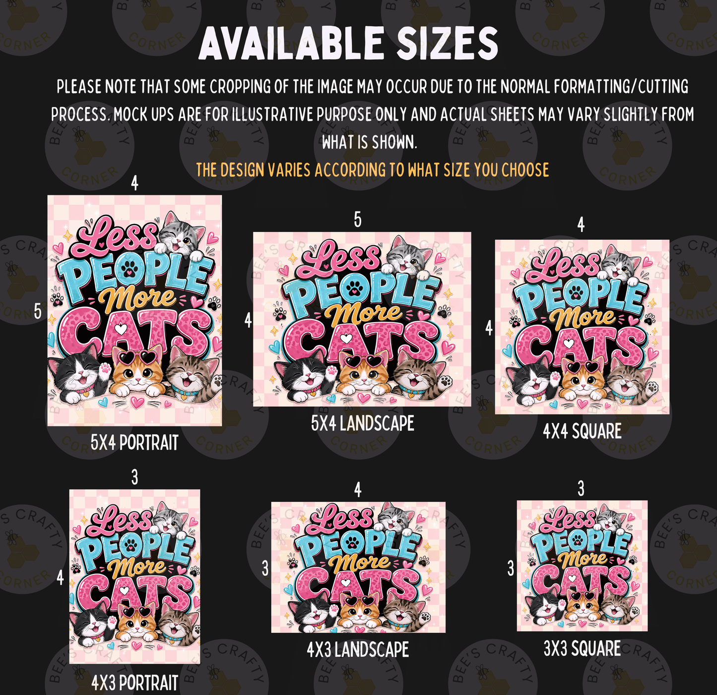 a collection of six different sizes of cat-themed designs, including a collage of images and a portrait of cats.