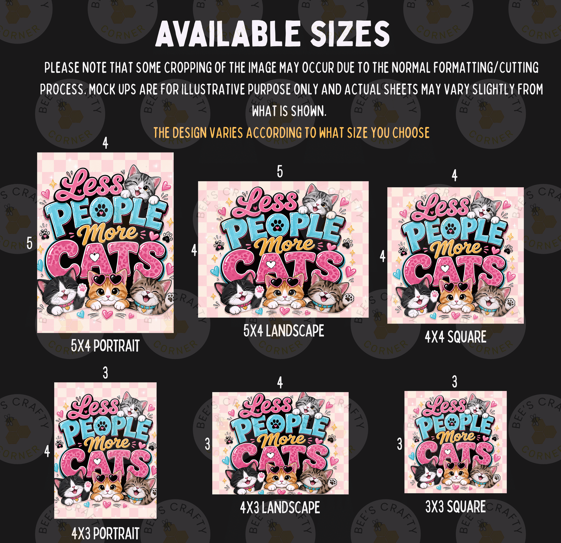 a collection of six different sizes of cat-themed designs, including a collage of images and a portrait of cats.
