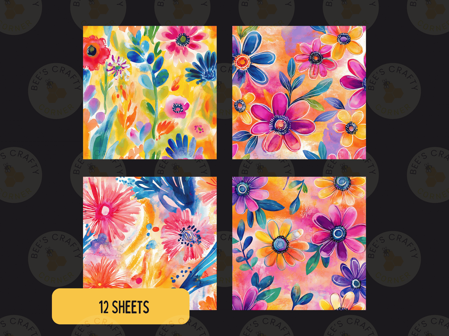 four colorful and vibrant floral patterns, each with a unique design and color scheme.