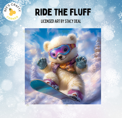 A white bear wearing ski gear and goggles is riding a snowboard against a snowy background.