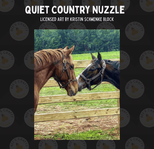 Two horses nuzzle each other in a fenced field, with a lush green background.