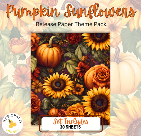 The image is a release paper theme pack for pumpkin and sunflowers, containing 20 sheets.