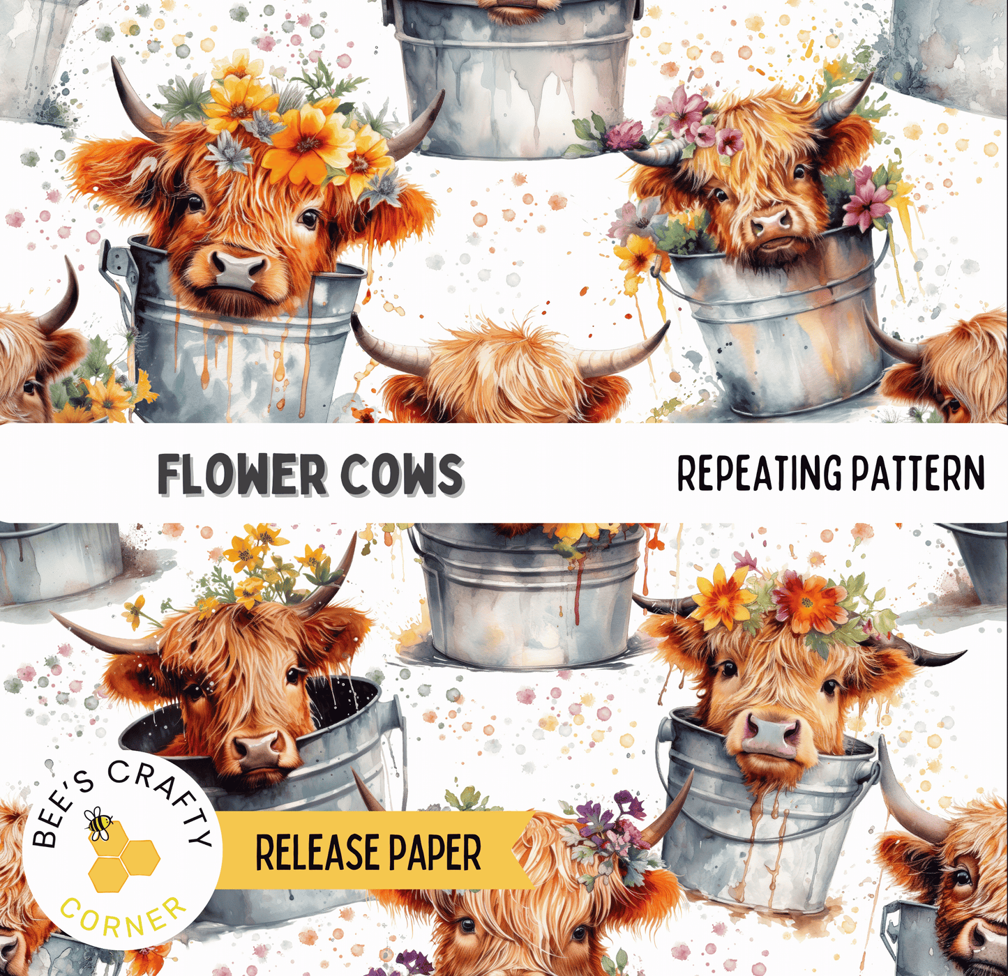 The image is a repeating pattern of cows with flower crowns, each cow sitting in a metal bucket.