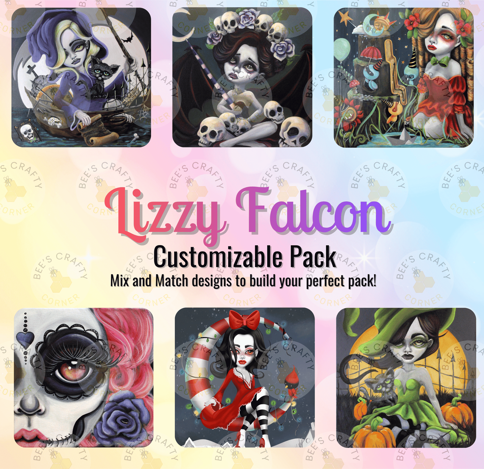 The image is a collage of six different artistic designs featuring a character named Lizzy Falcon. The designs include a skull and crossbones, a skull and bones, a skull and flowers, a skull and a crescent moon, a skull and a crescent moon, and a skull and a crescent moon.