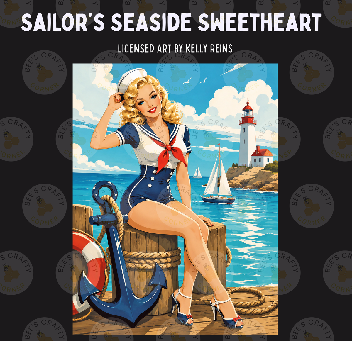 The image is a vintage-style illustration featuring a woman in a sailor's outfit sitting on a wooden post with an anchor, surrounded by a nautical scene with a lighthouse and sailboats in the background.