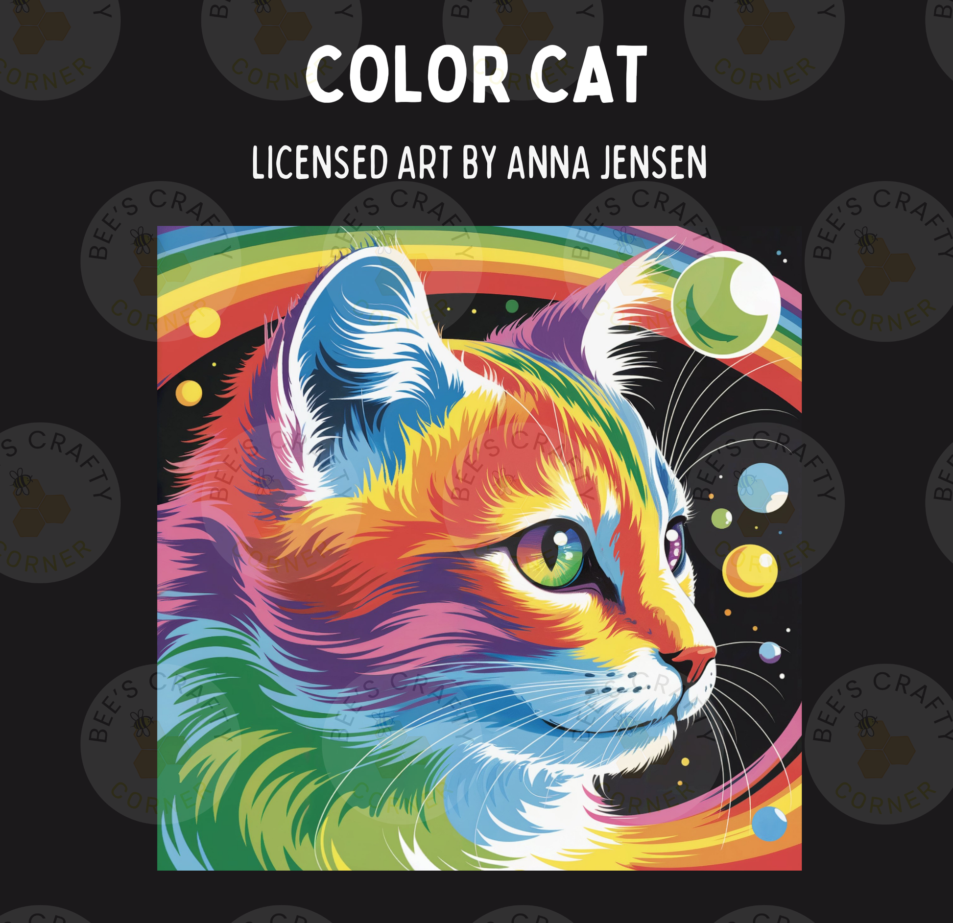 The image is a vibrant illustration of a cat with a rainbow-colored mane and tail, surrounded by colorful bubbles and a rainbow arching across the background.