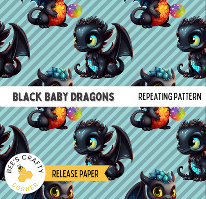 The image is a repeating pattern of black baby dragons against a blue striped background.