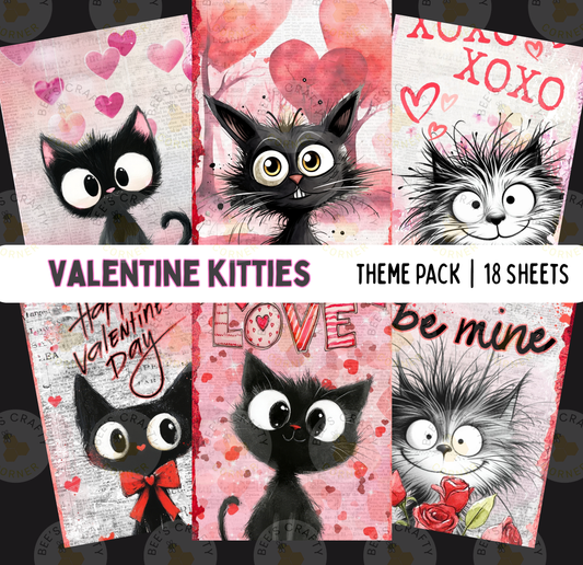The image is a theme pack of Valentine's Day cards featuring black cats with various expressions and designs.