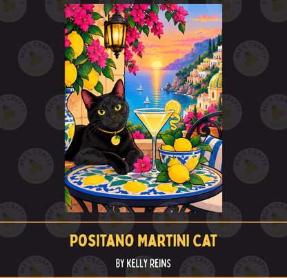 Positano Martini Cat by ©Kelly Reins - Licensed Diamond Painting Release Paper