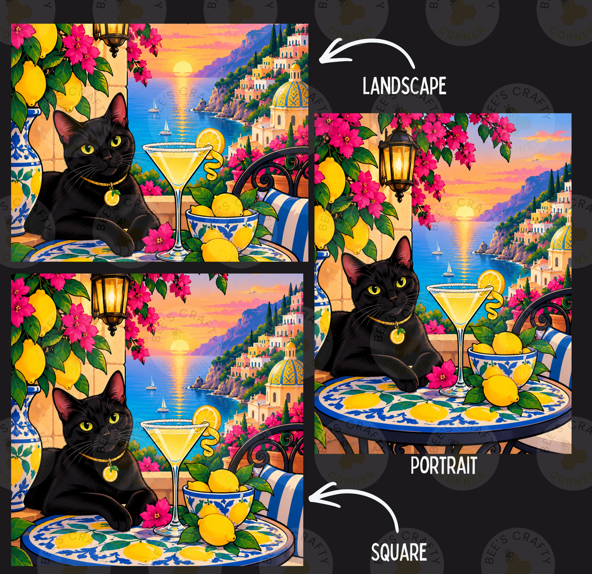 Positano Martini Cat by ©Kelly Reins - Licensed Diamond Painting Release Paper