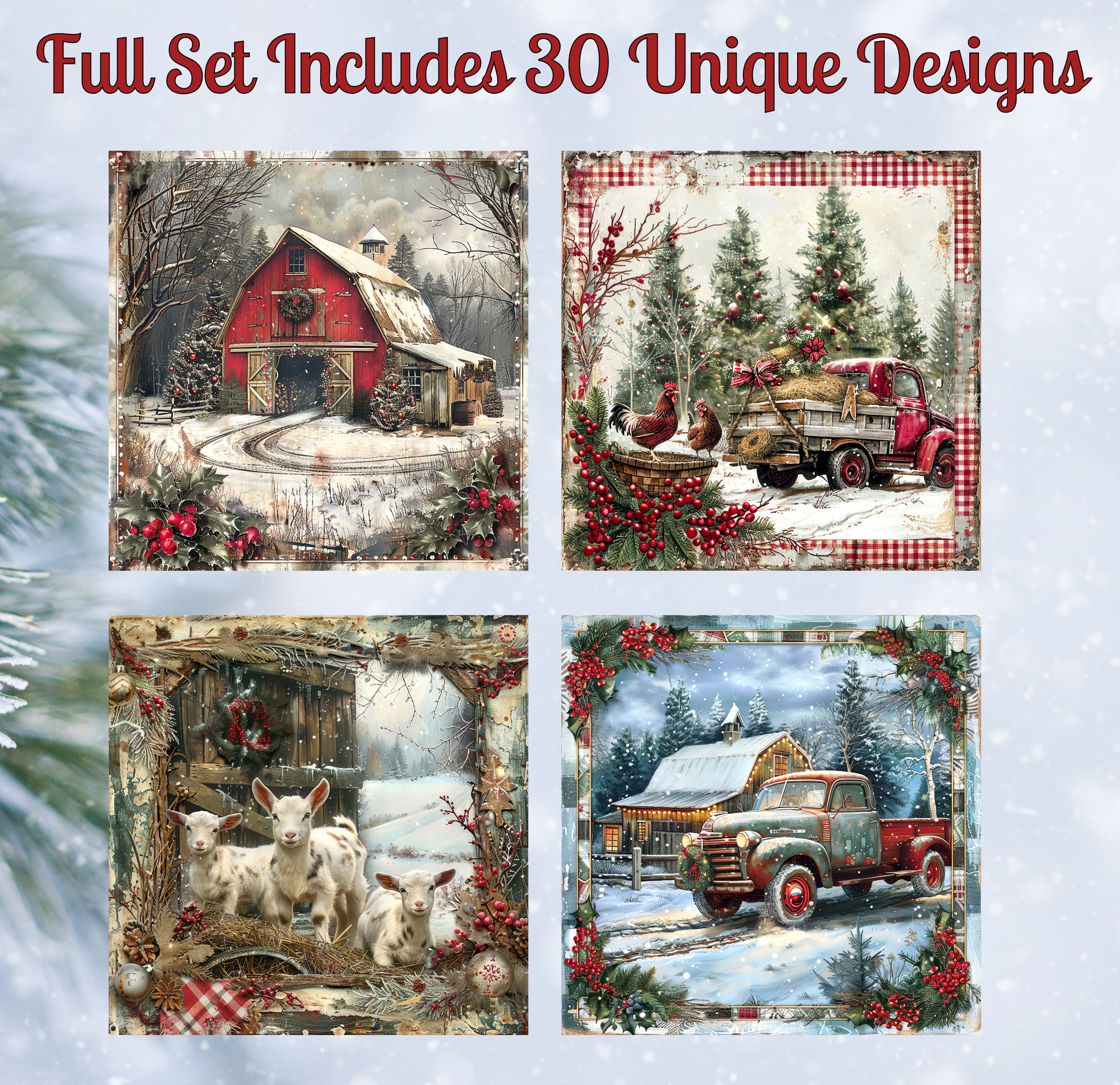 The image is a collage of four pictures depicting various winter scenes, including a red barn, a Christmas tree, a truck, and a snowy landscape.