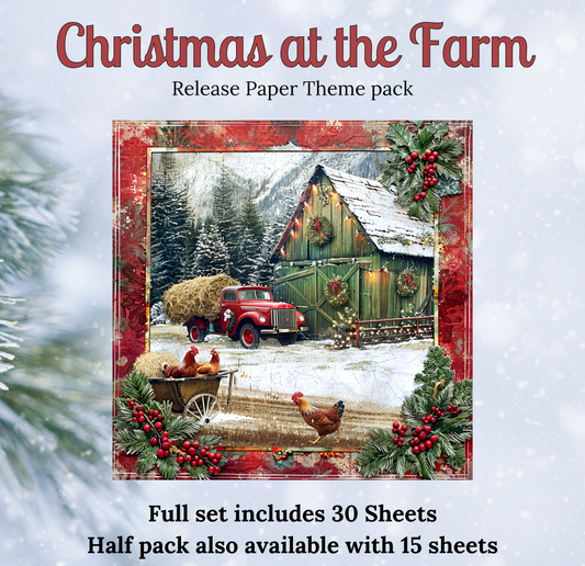 The image is a Christmas-themed release paper theme pack, featuring a red truck, a barn, and chickens in a snowy landscape. The pack includes a full set of 30 sheets and a half pack with 15 sheets.