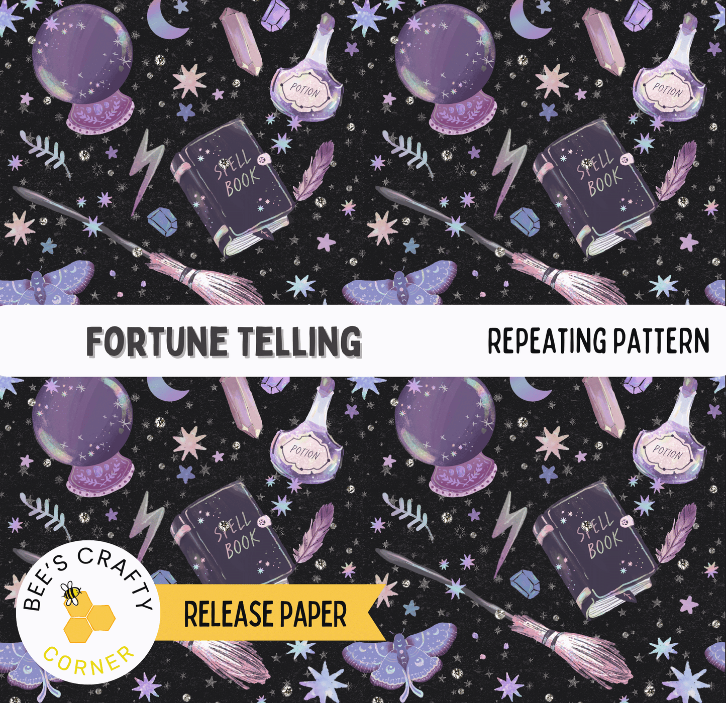 The image is a repeating pattern of various magical and mystical objects, including crystal balls, spells, and brooms, against a dark background with stars and other celestial elements.