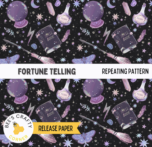 The image is a repeating pattern of various magical and mystical objects, including crystal balls, spells, and brooms, against a dark background with stars and other celestial elements.