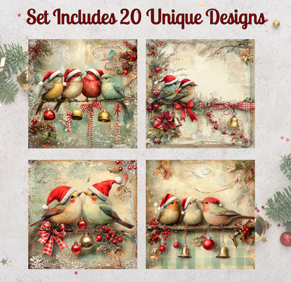 a set of four Christmas-themed illustrations featuring birds wearing Santa hats and surrounded by various holiday decorations such as ornaments, tinsel, and garlands.