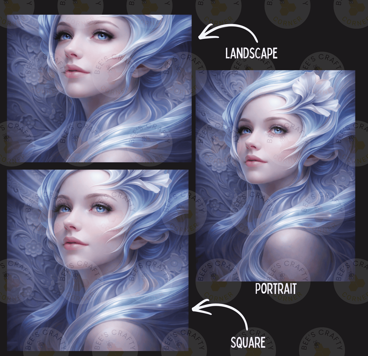 The image is a collage of three images depicting a woman with blue hair and a flower in her hair. The images are labeled as "Landscape", "Portrait", and "Square".