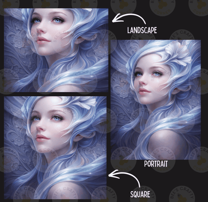 The image is a collage of three images depicting a woman with blue hair and a flower in her hair. The images are labeled as "Landscape", "Portrait", and "Square".