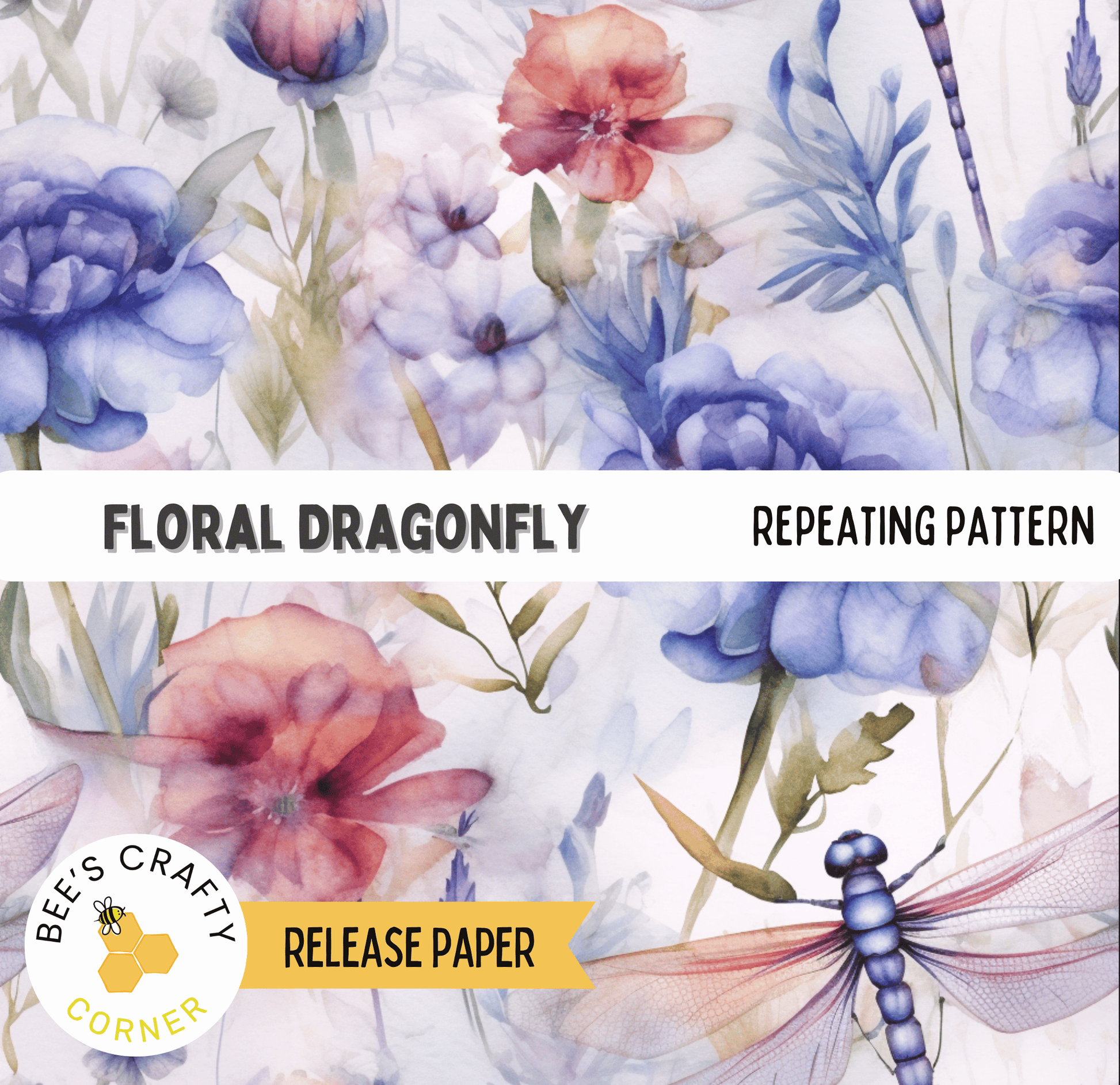 The image is a collage of various watercolor flowers and a dragonfly, featuring a repeating pattern of the floral dragonfly design.