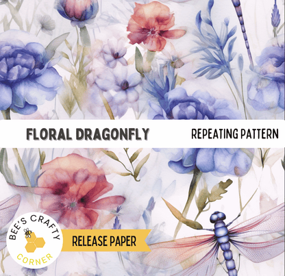 The image is a collage of various watercolor flowers and a dragonfly, featuring a repeating pattern of the floral dragonfly design.