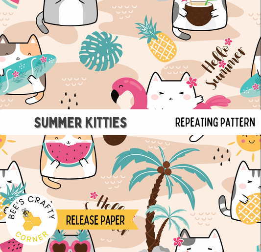 The image is a repeating pattern featuring various cartoon cats and tropical elements such as a flamingo, pineapple, and palm tree.