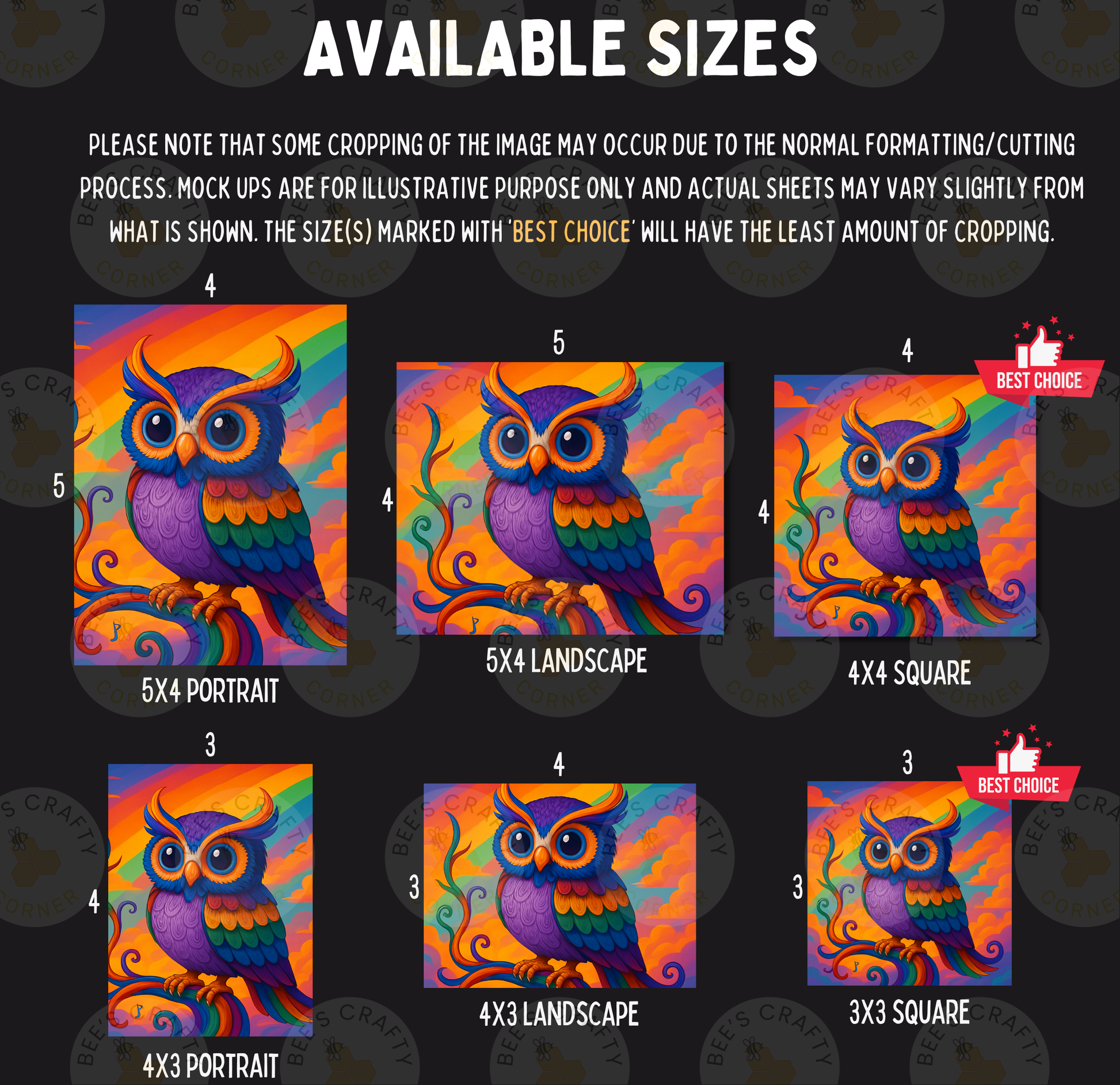 six different sizes of owl illustrations, each with a unique color scheme and style. The sizes range from 3x3 to 5x5, and the colors include a mix of orange, purple, and blue. The owl illustrations are arranged in a grid format, with each size and color combination displayed in a separate image.