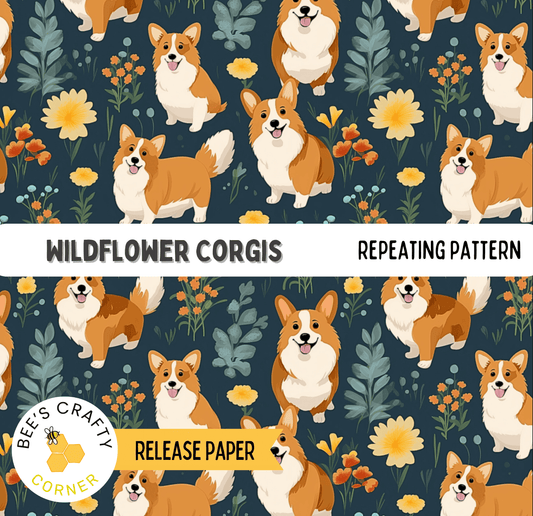 The image is a repeating pattern of illustrations of Corgis dogs, with flowers and leaves as a background.
