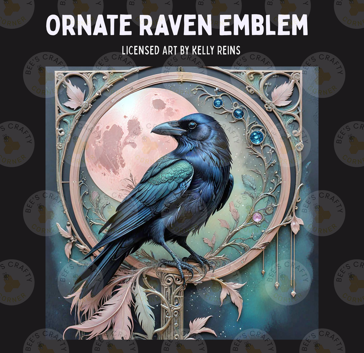 The image is a digital illustration featuring a blue raven perched on a branch, with a large, full moon in the background.