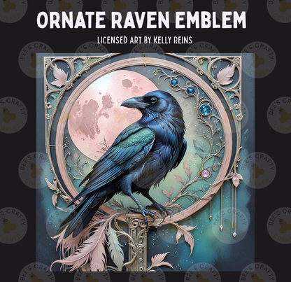 The image is a digital illustration featuring a blue raven perched on a branch, with a large, full moon in the background.