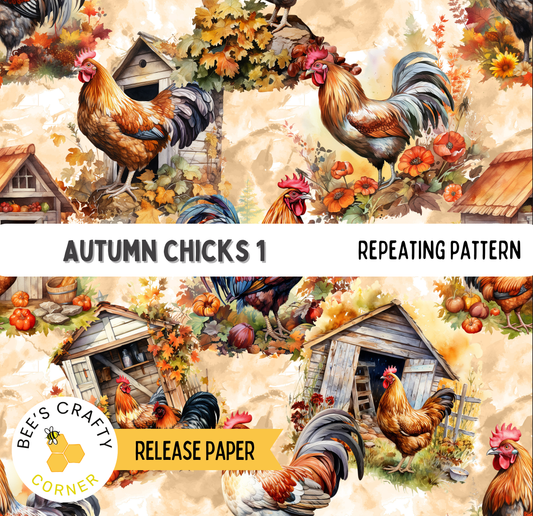 The image is a collage of various autumn-themed scenes featuring roosters, barns, and flowers.