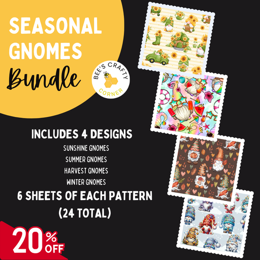 The image is an advertisement for a seasonal gnome bundle, which includes four designs of gnomes and six sheets of each pattern. The bundle is available for $24, with a 20% discount.