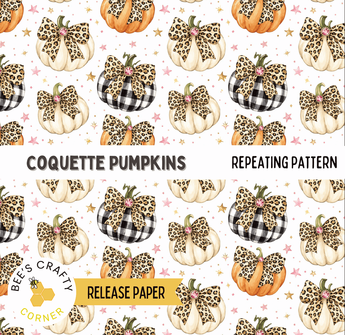 The image is a repeating pattern of couquet pumpkins with leopard print bows, creating a visually appealing and festive design.