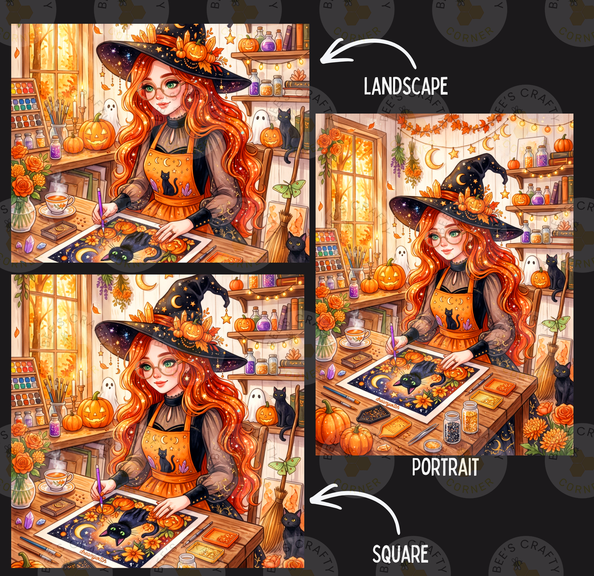The image is a collage of three pictures depicting a woman with long red hair wearing a witch's hat, sitting at a table and drawing a picture. The collage includes a landscape and a portrait of the woman, as well as a square image of the woman.