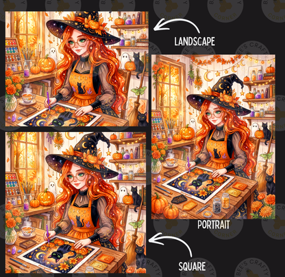 The image is a collage of three pictures depicting a woman with long red hair wearing a witch's hat, sitting at a table and drawing a picture. The collage includes a landscape and a portrait of the woman, as well as a square image of the woman.
