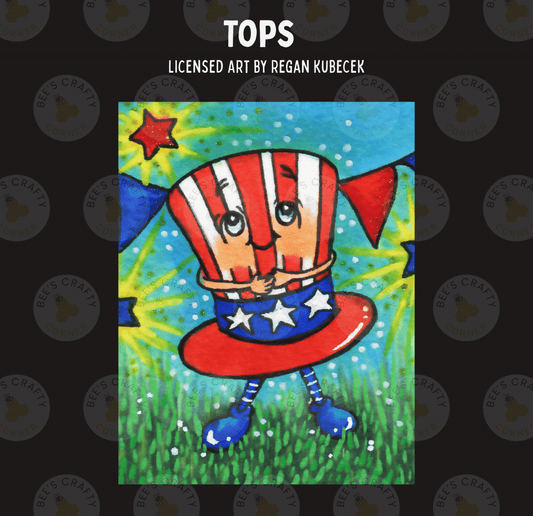 The image is a colorful painting depicting a cartoon character wearing a red, white, and blue hat with stars, surrounded by a grassy field with a starburst effect.
