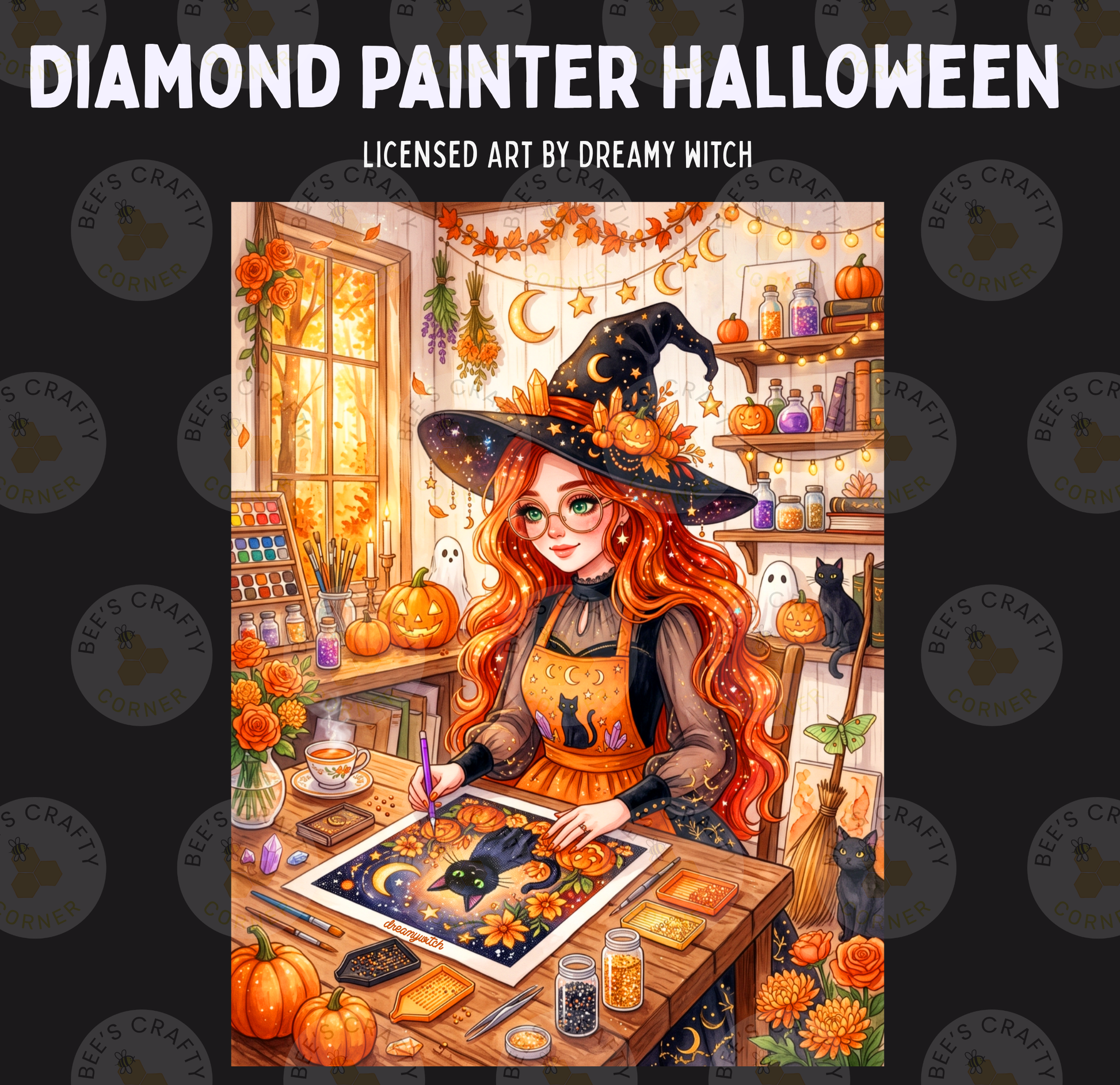 The image is a detailed illustration of a witch in a witch's hat, surrounded by various Halloween-themed elements such as pumpkins, candles, and other decorations.