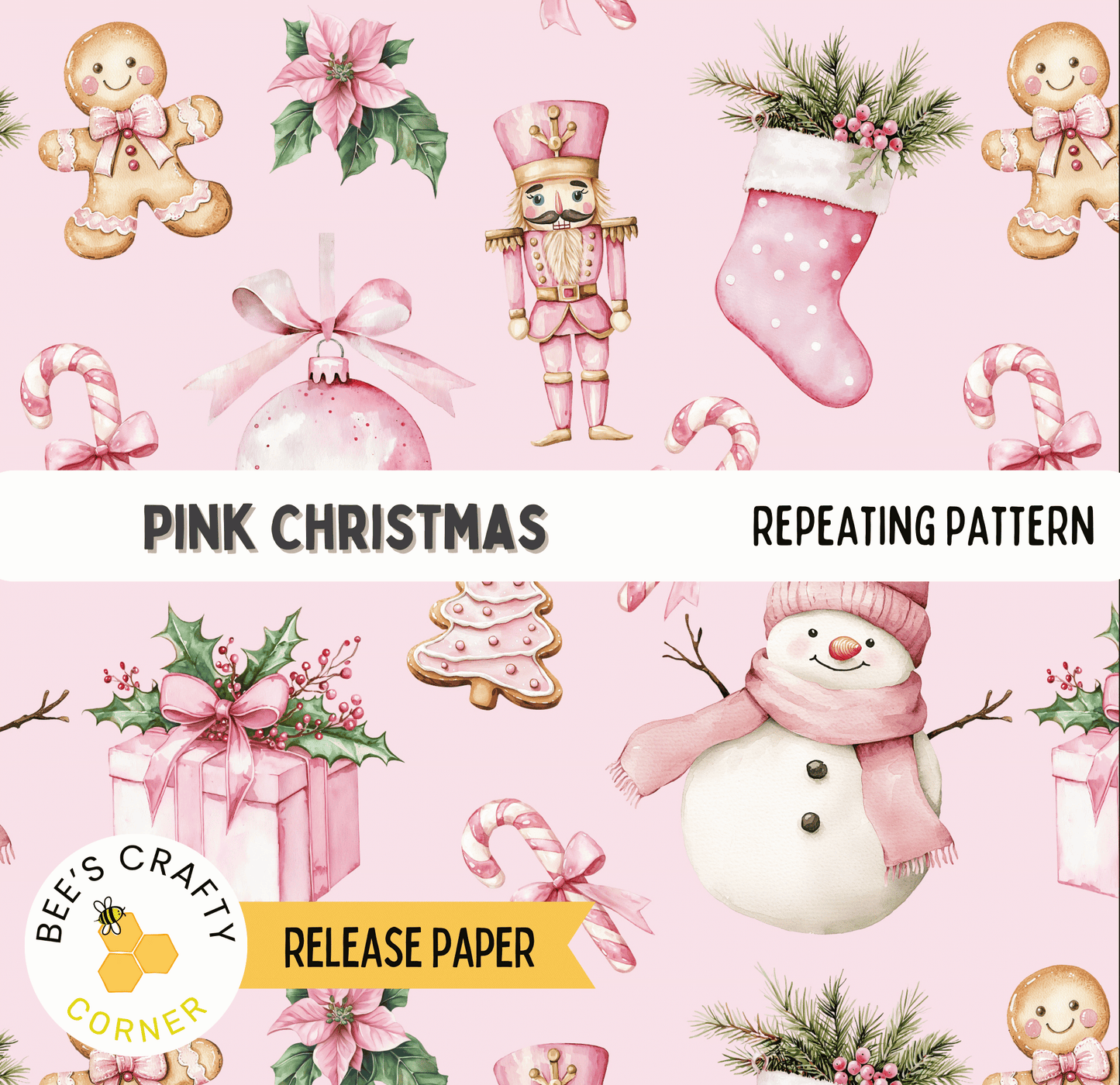 The image is a repeating pattern of various Christmas-themed illustrations, including a nutcracker, gingerbread man, snowman, and other festive elements, all rendered in a pink color scheme.