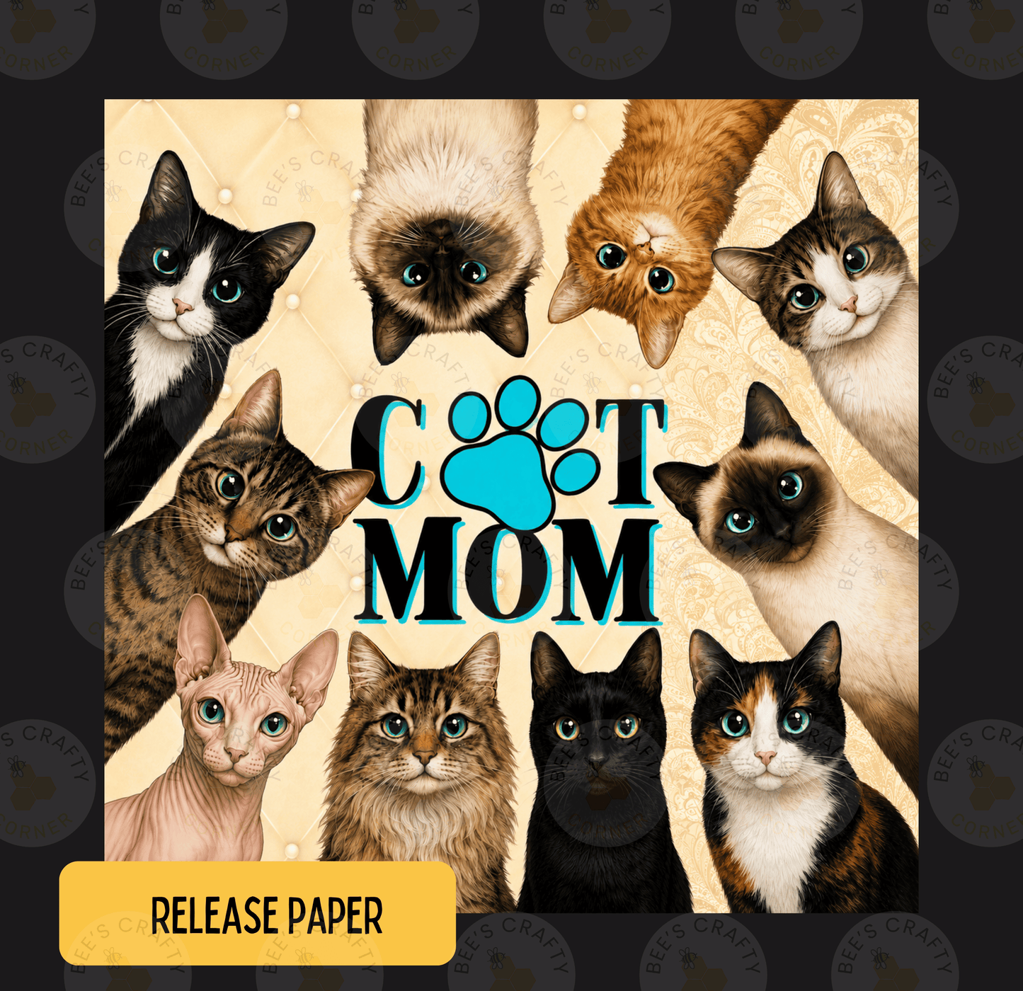 A collage of nine cats of various breeds and colors, with the text "CAT MOM" prominently displayed in the center.