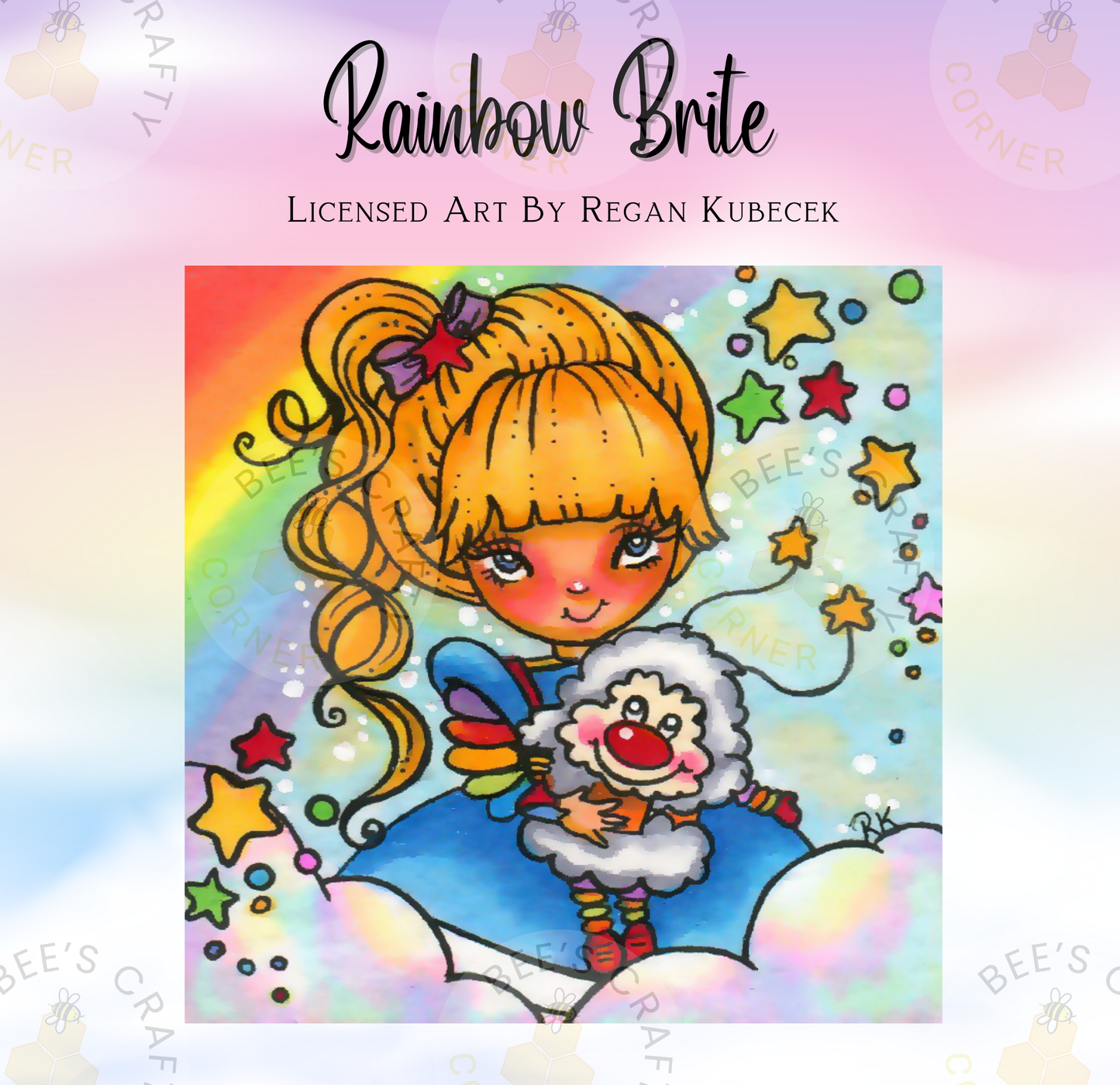 The image is a vibrant illustration featuring a young girl with blonde hair and a bow, holding a small stuffed animal. The background is filled with a rainbow-colored, starry sky, and there are various other colorful elements throughout the image.