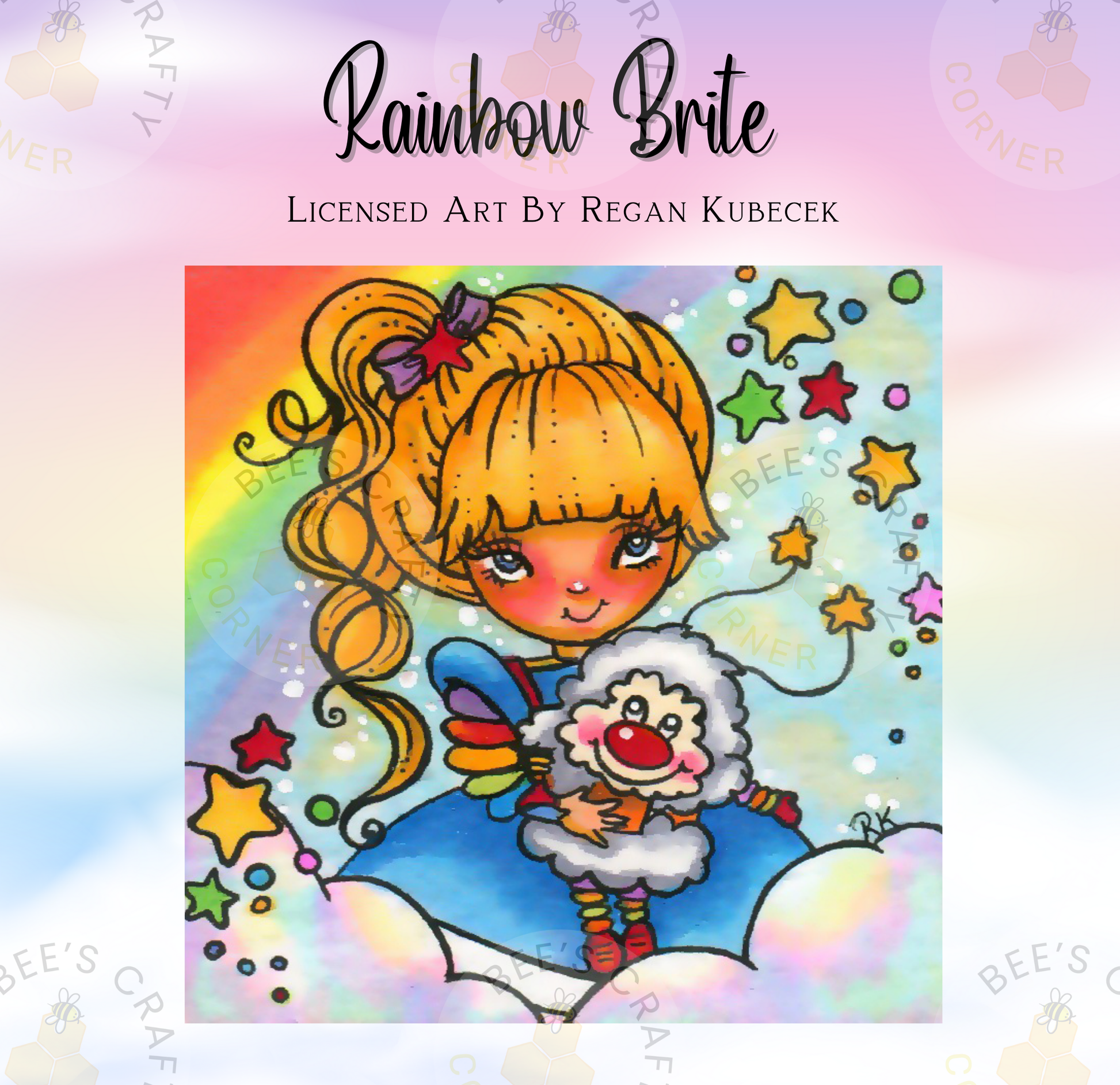 The image is a vibrant illustration featuring a young girl with blonde hair and a bow, holding a small stuffed animal. The background is filled with a rainbow-colored, starry sky, and there are various other colorful elements throughout the image.