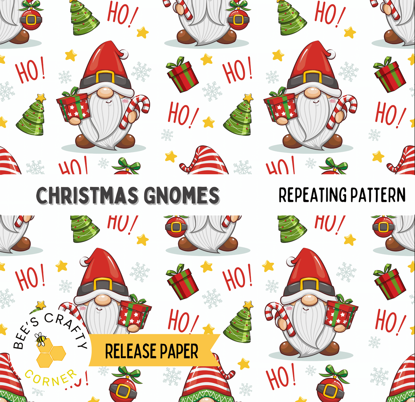 The image is a repeating pattern of Christmas gnomes, with various elements such as gift boxes, snowflakes, and Christmas trees throughout the design.