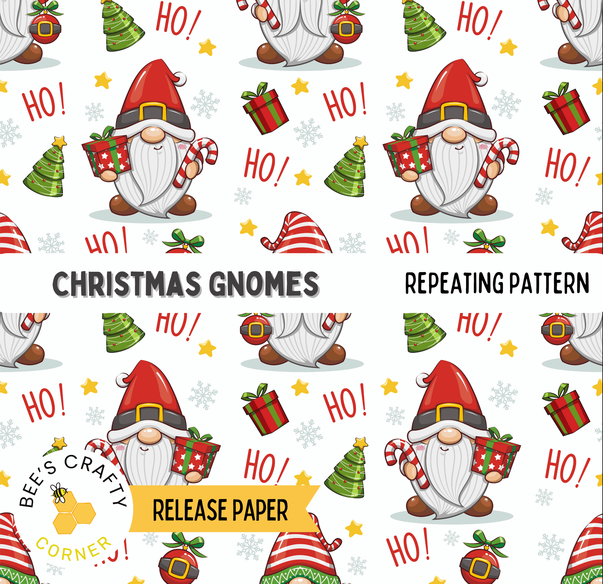 The image is a repeating pattern of Christmas gnomes, with various elements such as gift boxes, snowflakes, and Christmas trees throughout the design.