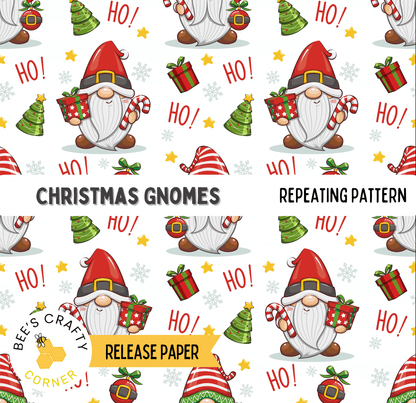 The image is a repeating pattern of Christmas gnomes, with various elements such as gift boxes, snowflakes, and Christmas trees throughout the design.
