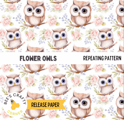 The image is a repeating pattern of brown owls perched on branches with pink flowers.